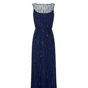 Aidan Mattox High Neck Navy Beadded Floor Length Dress - Dress for Wedding Guest